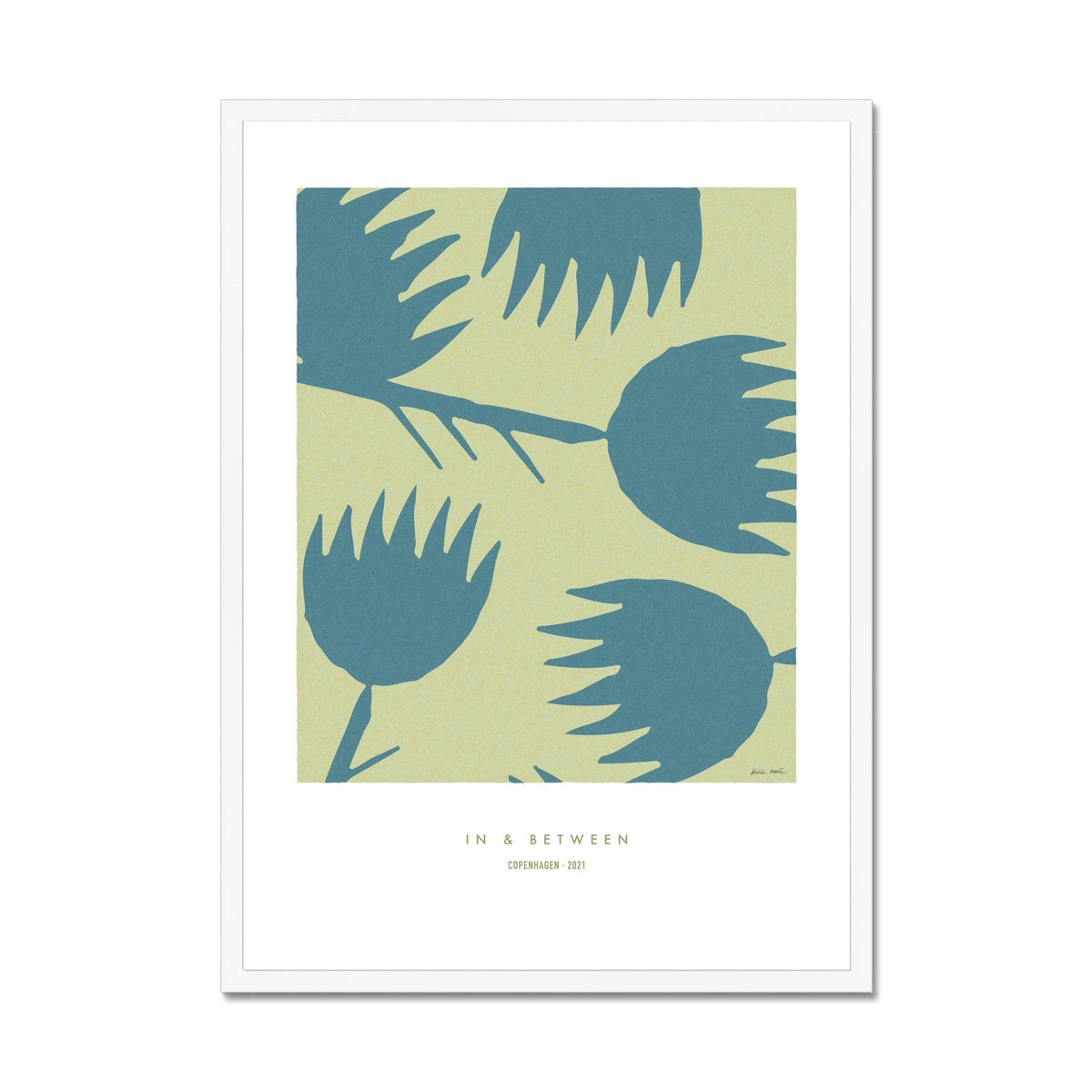 Art print of blue thistles on a light green background with white space around and a white wooden frame.