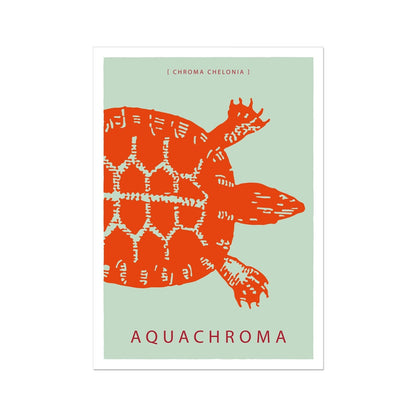 Vibrant garibaldi orange turtle on a sea foam green background with white border.