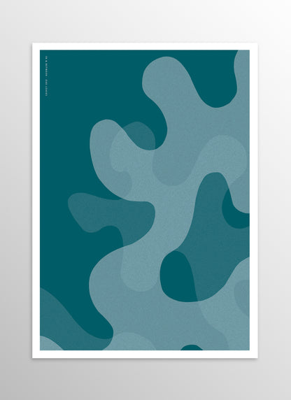 Art print of large deep ocean blue oak leaf shapes.