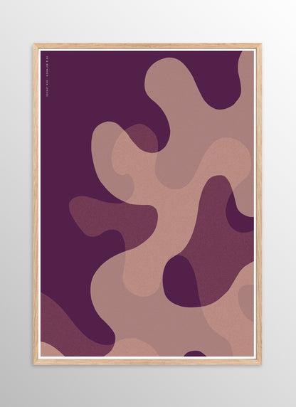 Art print of large warm violet oak leaf shapes in natural wooden frame.