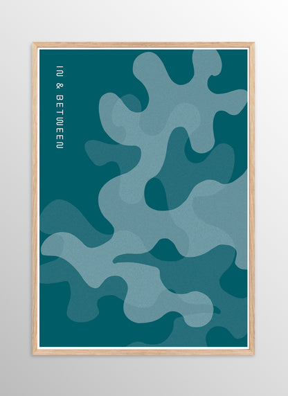 Art print of oak leaves in shades of deep ocean blue in natural wooden frame.