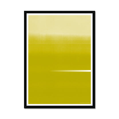 Black wood framed giclee print depicting a vibrant gold-yellow horizon. From being completely saturated at the bottom the pigments of colour slowly spread out upwards until it fades into space at the top like the horizon.