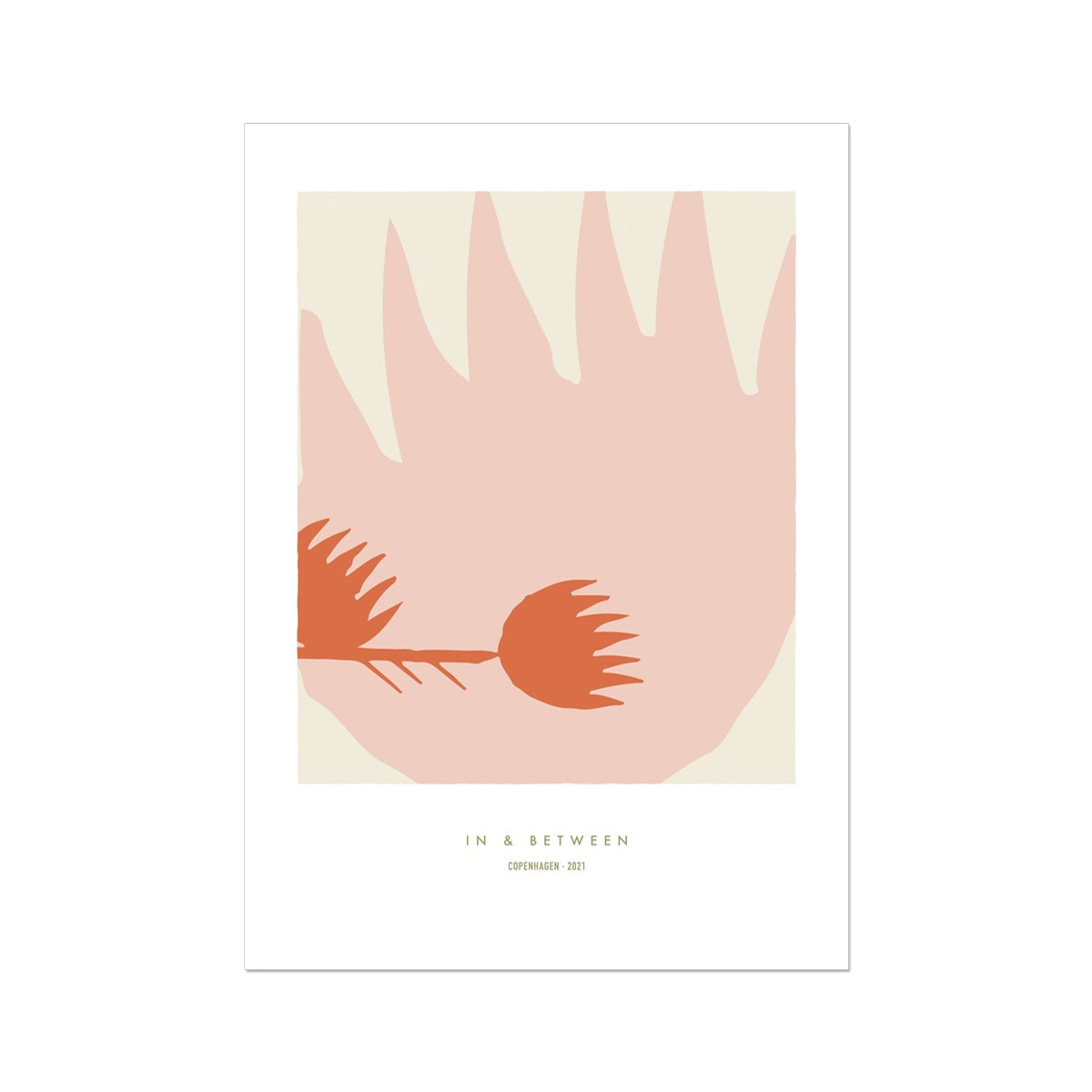 Art print of one large thistle flower light red with a smaller thistle flower in left side on a cream background with white space around.
