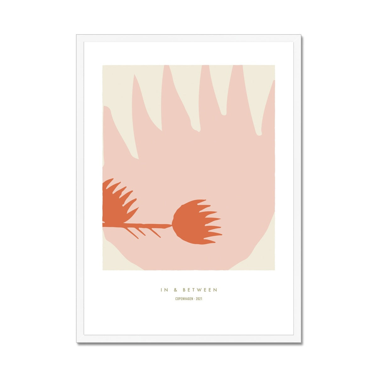 Art print of one large thistle flower light red with a smaller thistle flower in left side on a cream background with white space around and a white wooden frame.