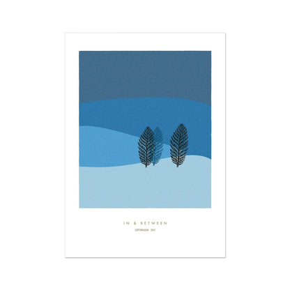 Winter landscape in dark and light blue tones with two trees.