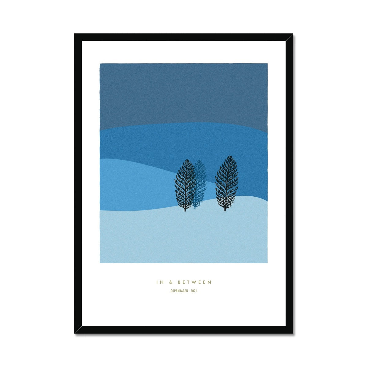 Winter landscape in dark and light blue tones with two trees and black wooden frame.