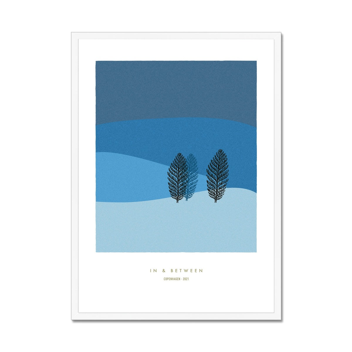 Winter landscape in dark and light blue tones with two trees and white wooden frame.