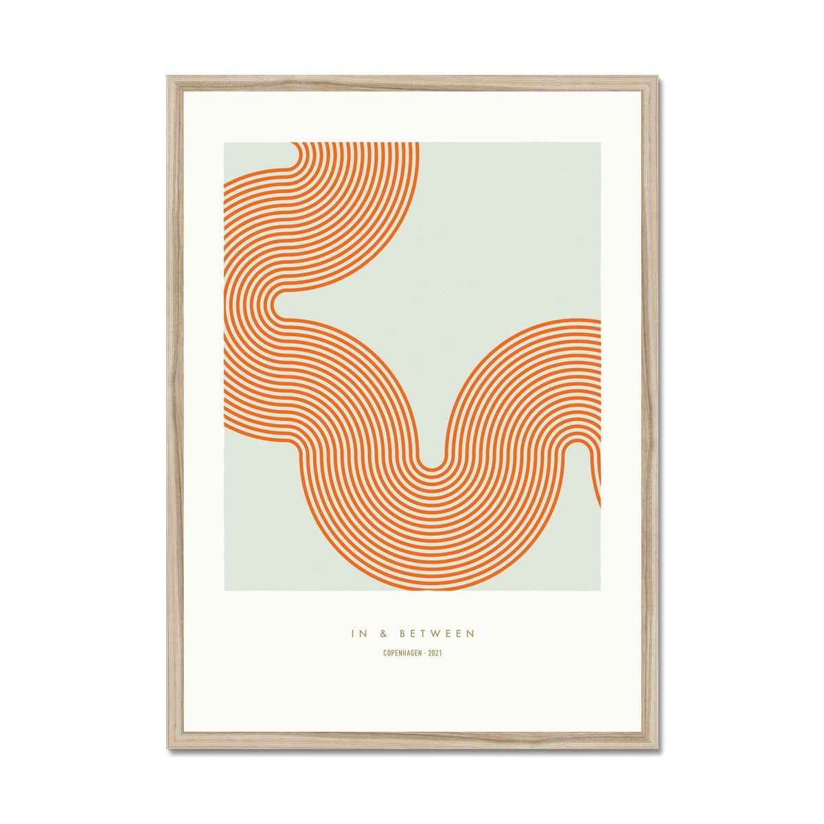 Soft curve of line-patterned movement red on green background in natural wood frame.