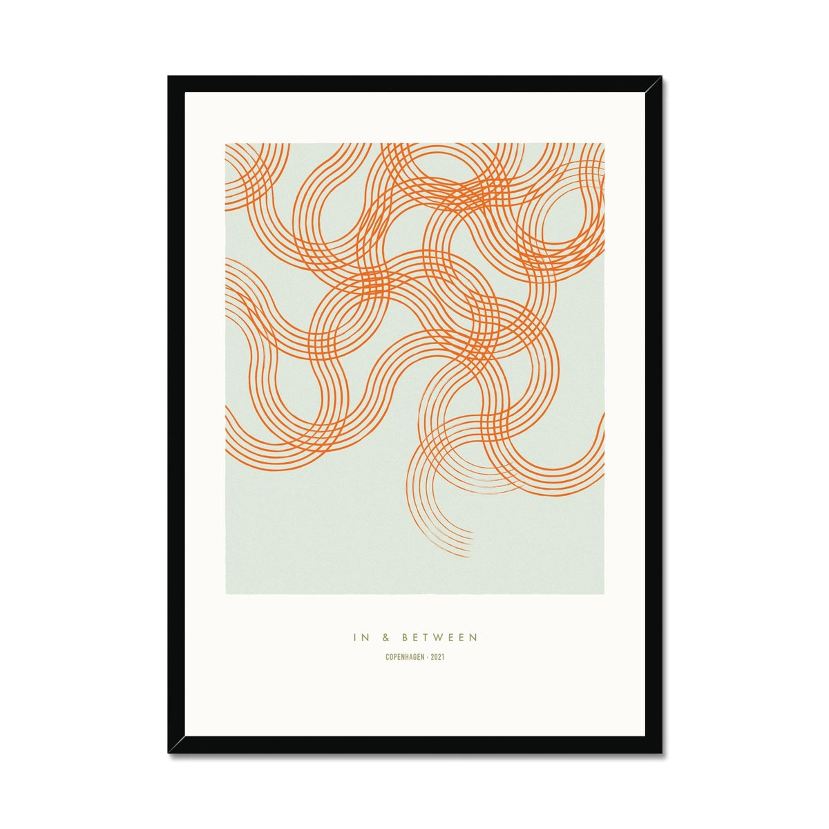 Soft curves of line patterned movements red on green background in black frame.