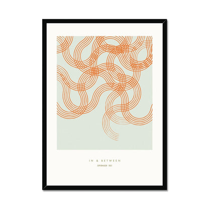 Soft curves of line patterned movements red on green background in black frame.