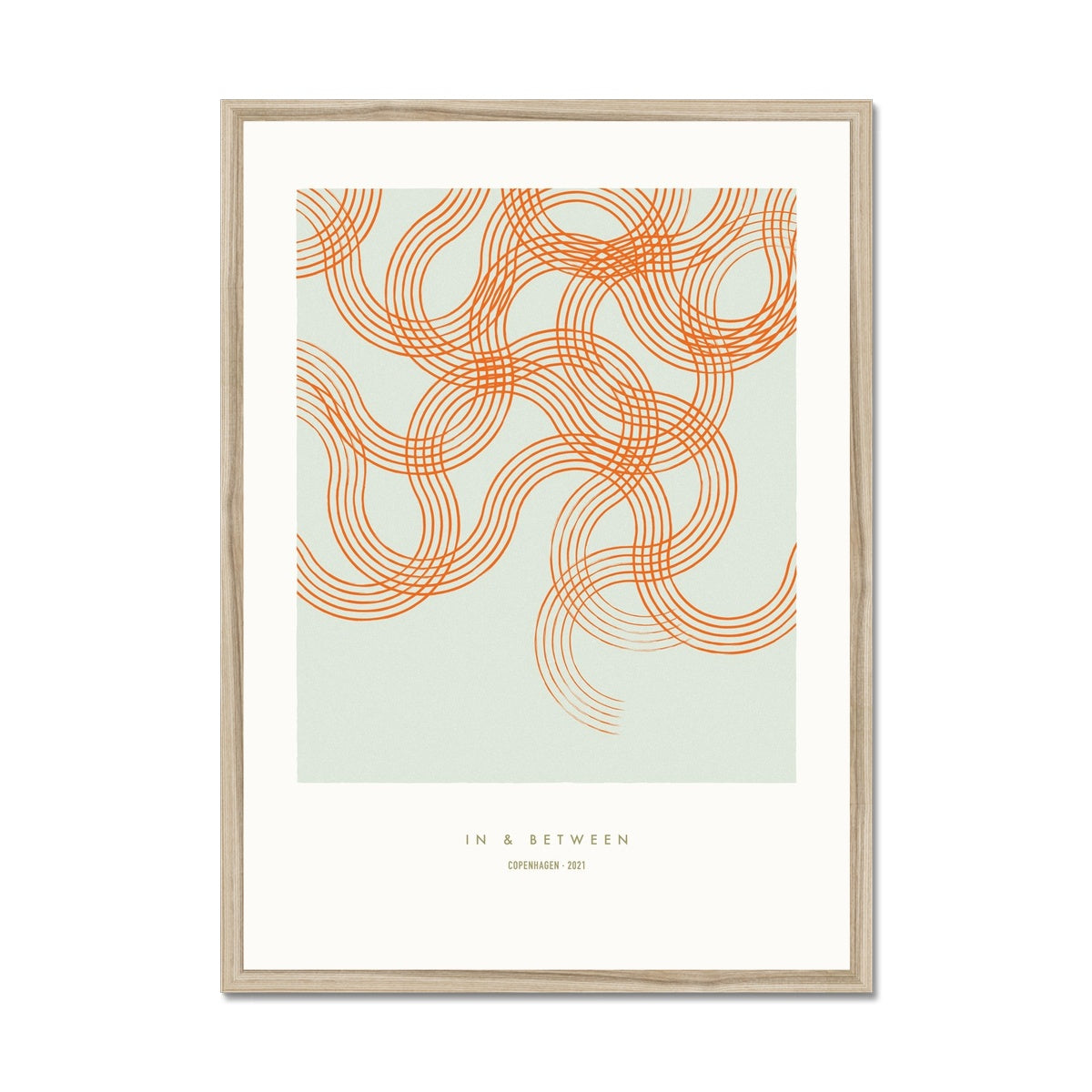 Soft curves of line patterned movements red on green background in natural wood frame.