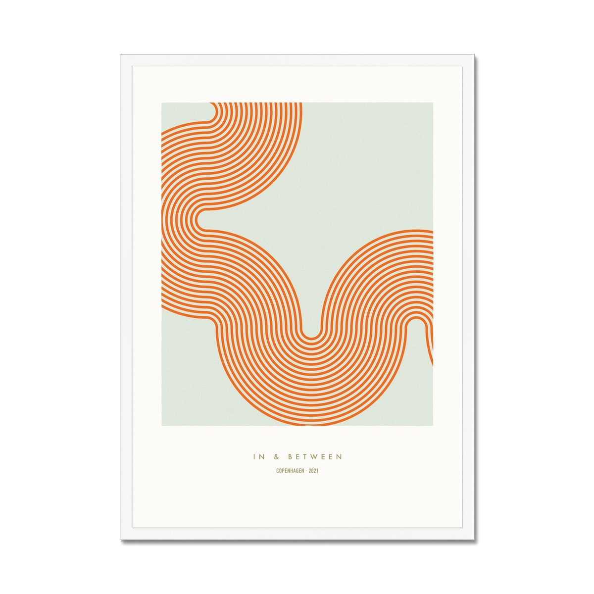 Soft curve of line-patterned movement red on green background in white wooden frame.